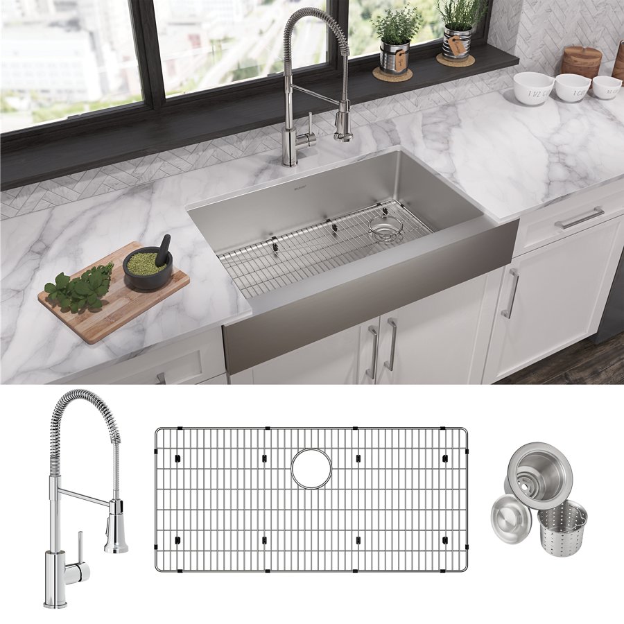 Crosstown® 18 Gauge Stainless Steel 35-7/8" x 20-1/4" x 9" Single Bowl Farmhouse Sink & Faucet Kit with Bottom Grid & Drain