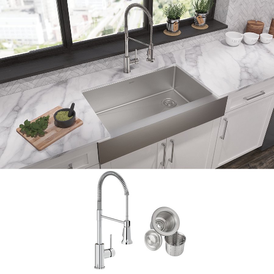 Crosstown® 18 Gauge Stainless Steel 35-7/8" x 20-1/4" x 9" Single Bowl Farmhouse Sink & Faucet Kit with Drain