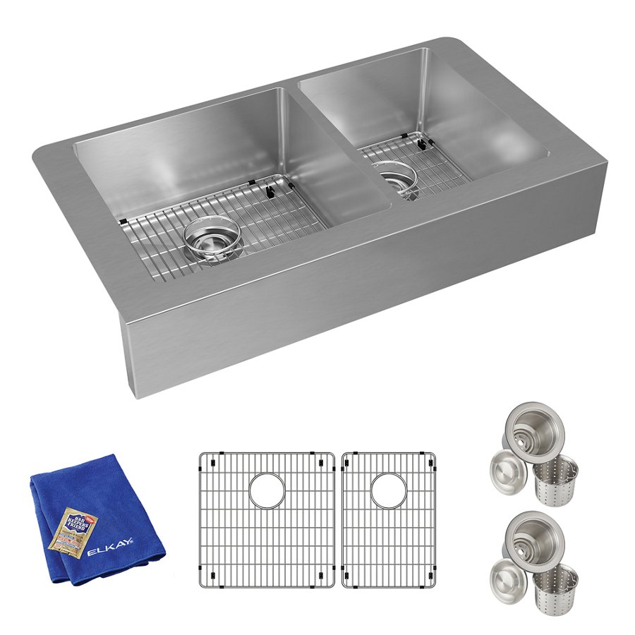 Crosstown® 18 Gauge Stainless Steel 35-7/8" x 20-1/4" x 9" 60/40 Double Bowl Farmhouse Sink Kit