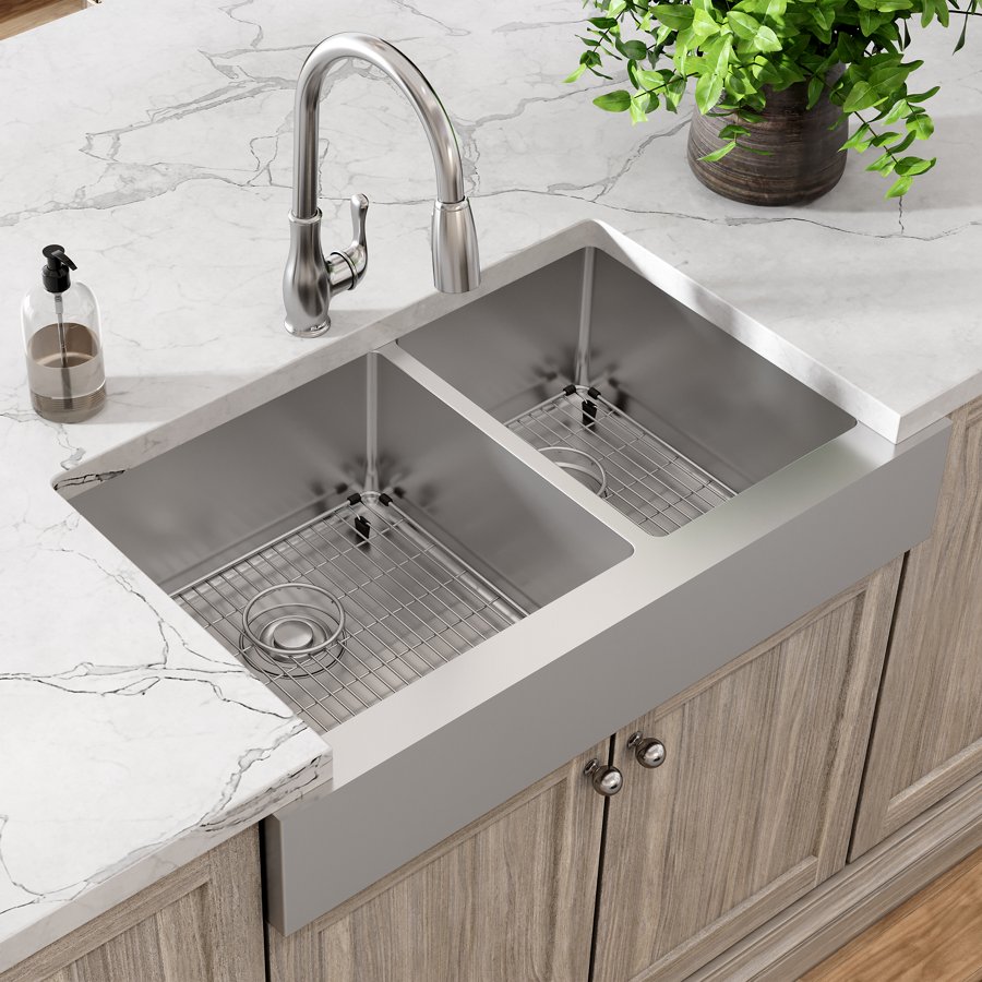 Crosstown® 18 Gauge Stainless Steel 35-7/8" x 20-1/4" x 9" 60/40 Double Bowl Farmhouse Sink Kit