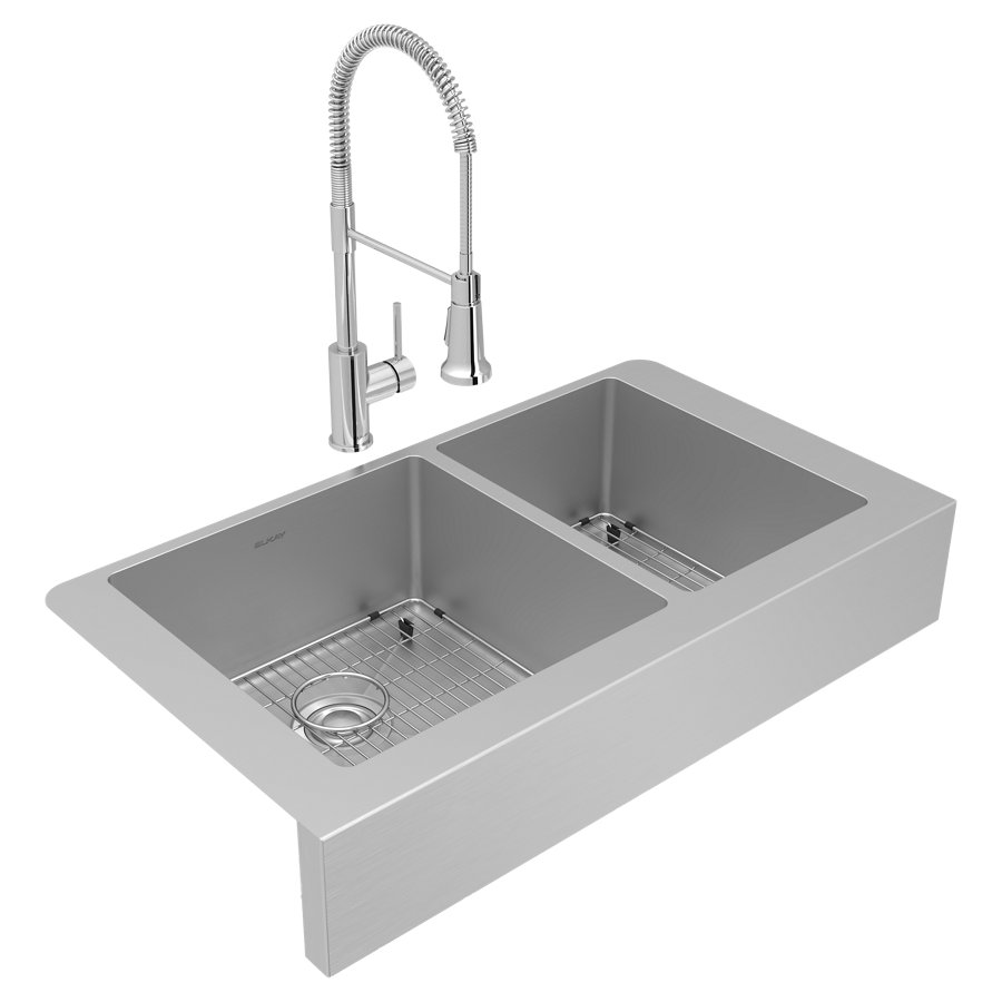 Crosstown® 18 Gauge Stainless Steel 35-7/8" x 20-1/4" x 9" 60/40 Double Bowl Farmhouse Sink & Faucet Kit with Bottom Grid & Drain