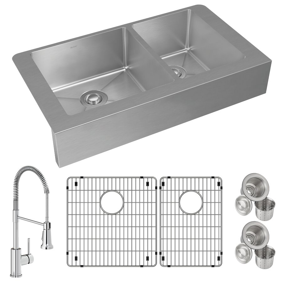 Crosstown® 18 Gauge Stainless Steel 35-7/8" x 20-1/4" x 9" 60/40 Double Bowl Farmhouse Sink & Faucet Kit with Bottom Grid & Drain