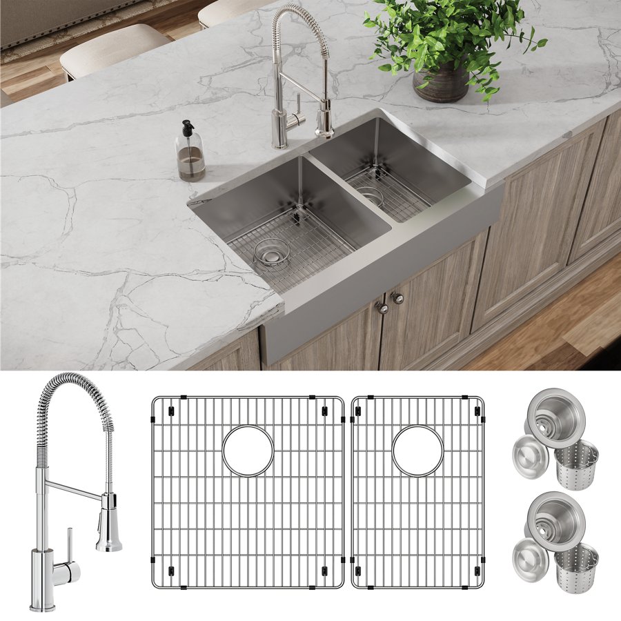 Crosstown® 18 Gauge Stainless Steel 35-7/8" x 20-1/4" x 9" 60/40 Double Bowl Farmhouse Sink & Faucet Kit with Bottom Grid & Drain