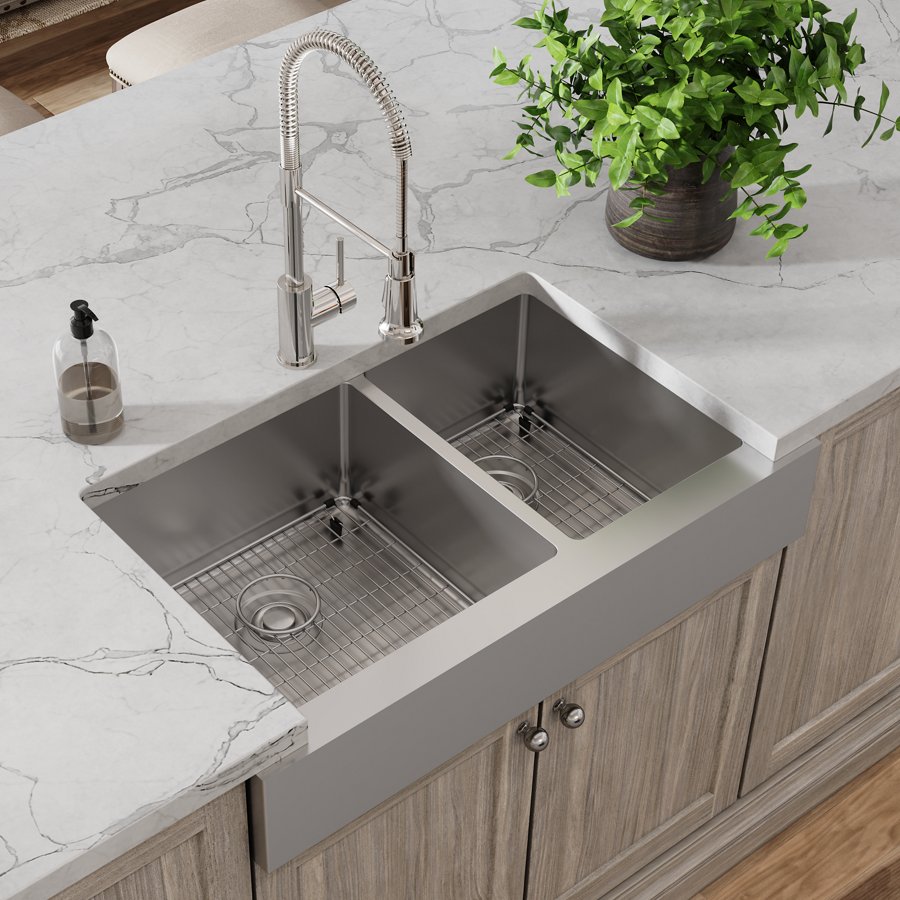 Crosstown® 18 Gauge Stainless Steel 35-7/8" x 20-1/4" x 9" 60/40 Double Bowl Farmhouse Sink & Faucet Kit with Bottom Grid & Drain