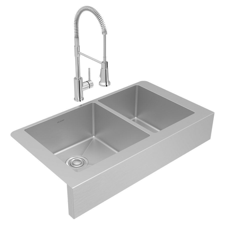 Crosstown® 18 Gauge Stainless Steel 35-7/8" x 20-1/4" x 9" 60/40 Double Bowl Farmhouse Sink & Faucet Kit with Drain
