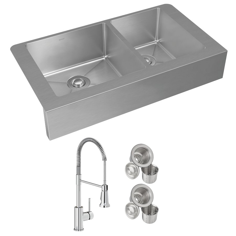 Crosstown® 18 Gauge Stainless Steel 35-7/8" x 20-1/4" x 9" 60/40 Double Bowl Farmhouse Sink & Faucet Kit with Drain