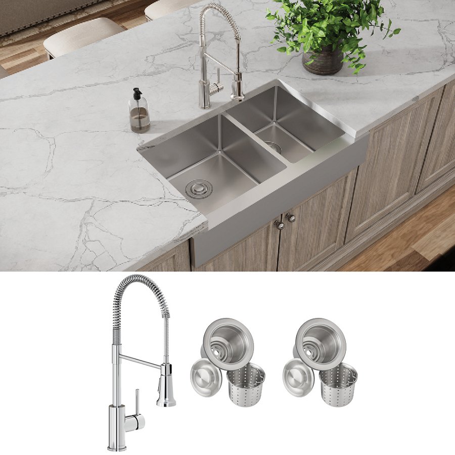 Crosstown® 18 Gauge Stainless Steel 35-7/8" x 20-1/4" x 9" 60/40 Double Bowl Farmhouse Sink & Faucet Kit with Drain