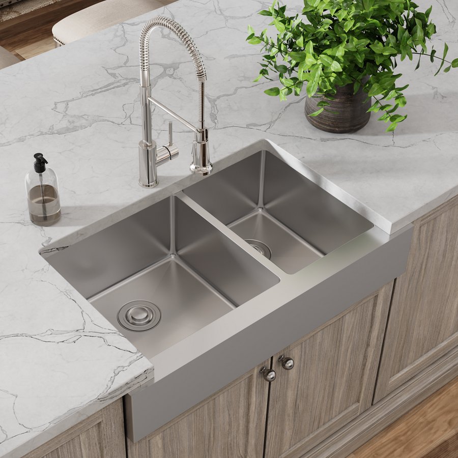 Crosstown® 18 Gauge Stainless Steel 35-7/8" x 20-1/4" x 9" 60/40 Double Bowl Farmhouse Sink & Faucet Kit with Drain