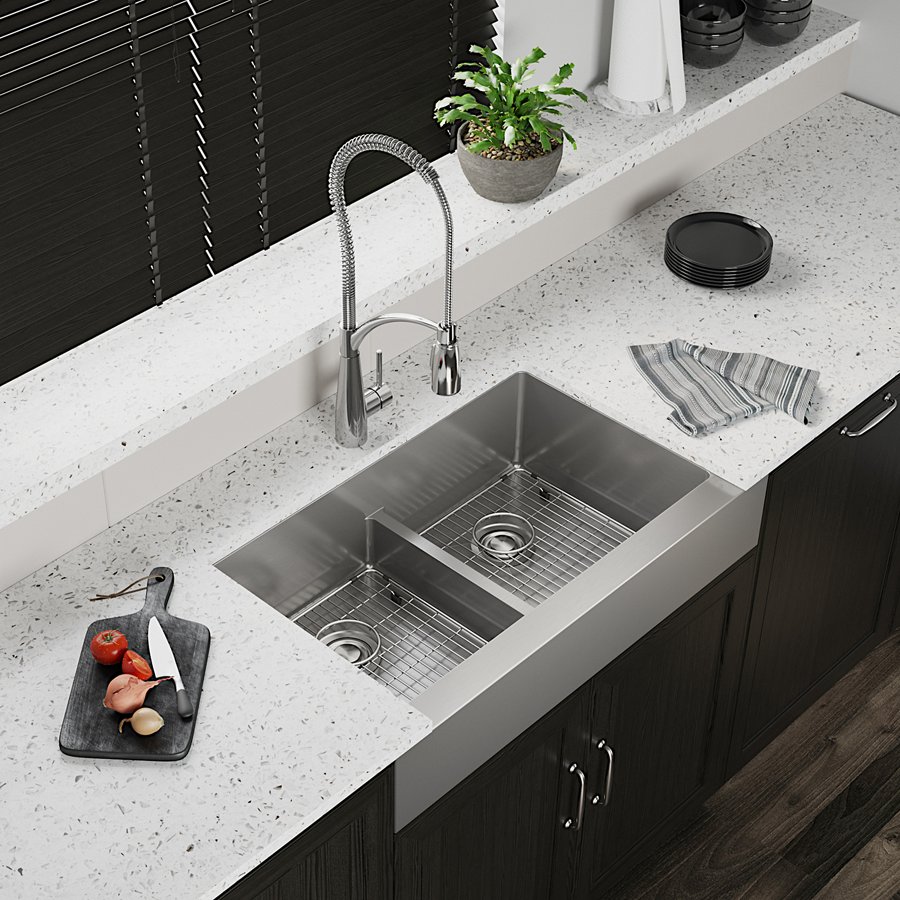Crosstown® 18 Gauge Stainless Steel 35-7/8" x 20-1/4" x 9" Equal Double Bowl Farmhouse Sink Kit with Aqua Divide