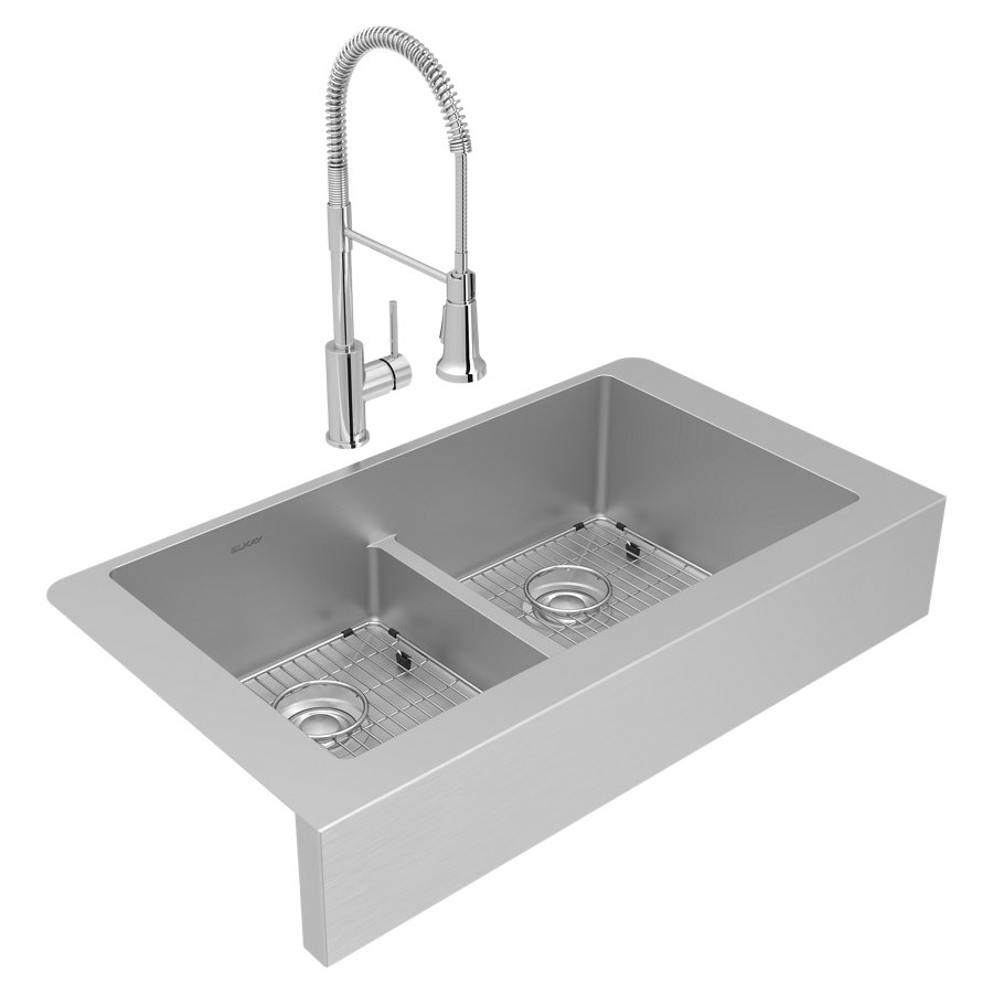 Crosstown® 18 Gauge Stainless Steel 35-7/8" x 20-1/4" x 9" Equal Double Bowl Farmhouse Sink & Faucet Kit with Aqua Divide & Bottom Grid & Drain