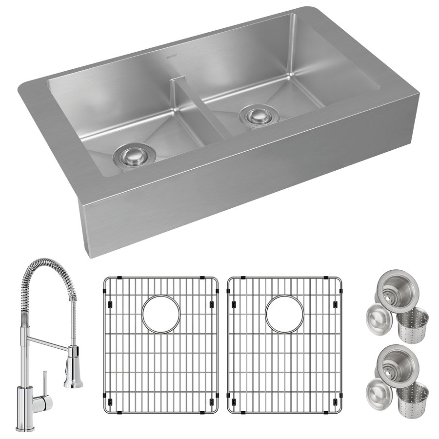 Crosstown® 18 Gauge Stainless Steel 35-7/8" x 20-1/4" x 9" Equal Double Bowl Farmhouse Sink & Faucet Kit with Aqua Divide & Bottom Grid & Drain