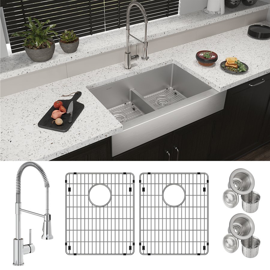 Crosstown® 18 Gauge Stainless Steel 35-7/8" x 20-1/4" x 9" Equal Double Bowl Farmhouse Sink & Faucet Kit with Aqua Divide & Bottom Grid & Drain