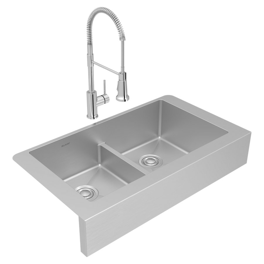 Crosstown® 18 Gauge Stainless Steel 35-7/8" x 20-1/4" x 9" Equal Double Bowl Farmhouse Sink & Faucet Kit with Aqua Divide & Drain