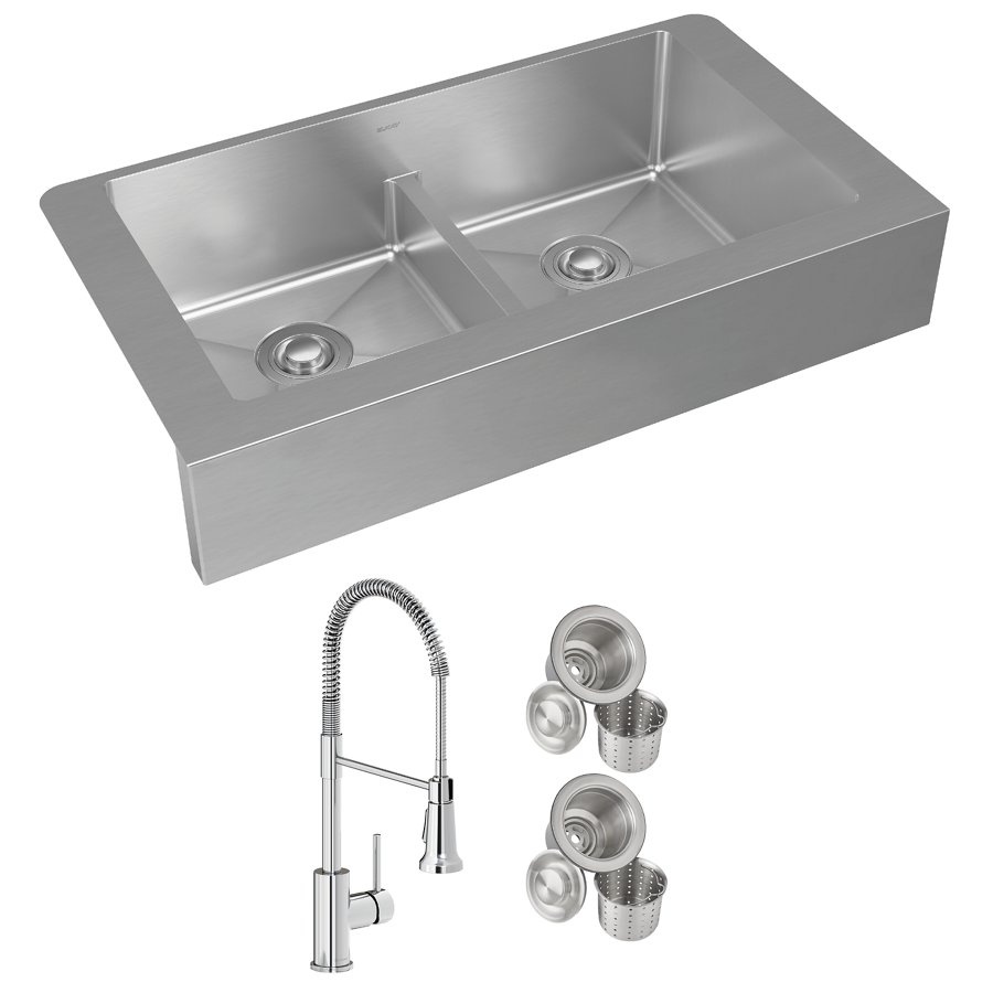 Crosstown® 18 Gauge Stainless Steel 35-7/8" x 20-1/4" x 9" Equal Double Bowl Farmhouse Sink & Faucet Kit with Aqua Divide & Drain