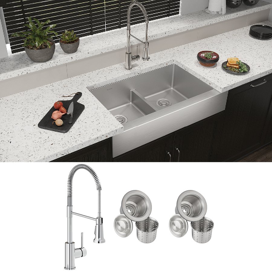 Crosstown® 18 Gauge Stainless Steel 35-7/8" x 20-1/4" x 9" Equal Double Bowl Farmhouse Sink & Faucet Kit with Aqua Divide & Drain
