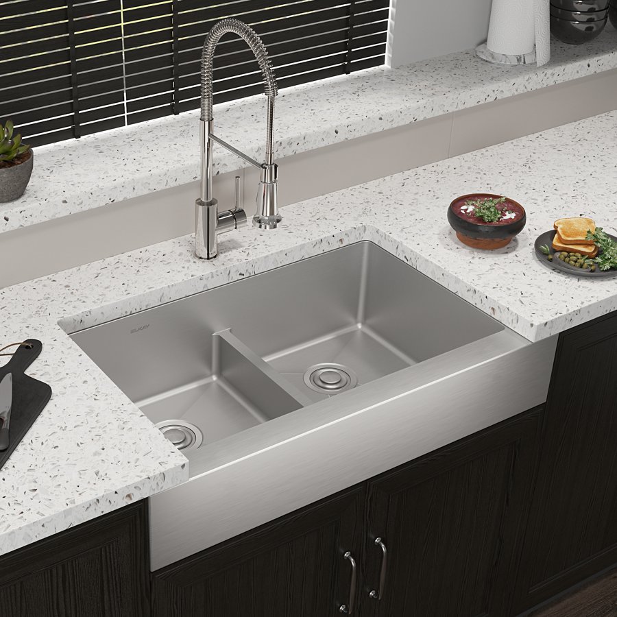 Crosstown® 18 Gauge Stainless Steel 35-7/8" x 20-1/4" x 9" Equal Double Bowl Farmhouse Sink & Faucet Kit with Aqua Divide & Drain