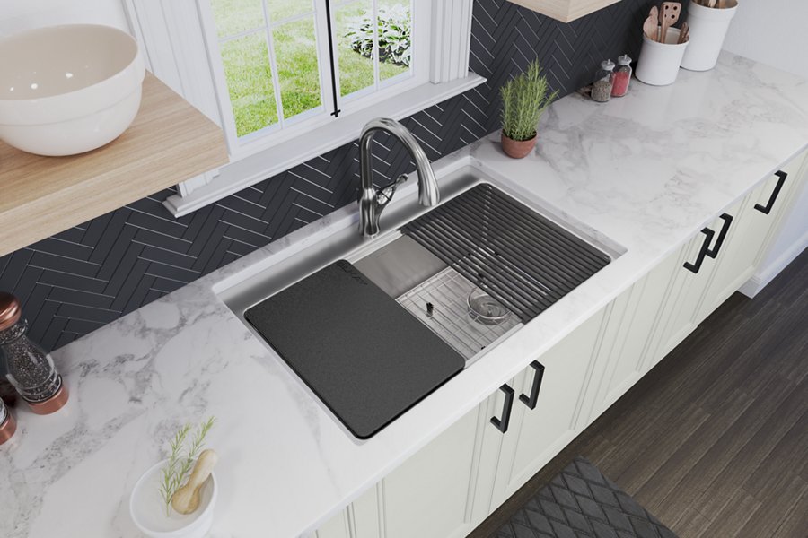 Crosstown® Workstation Stainless Steel 33" x 22" x 9" 1-Hole Single Bowl Dual Mount Sink