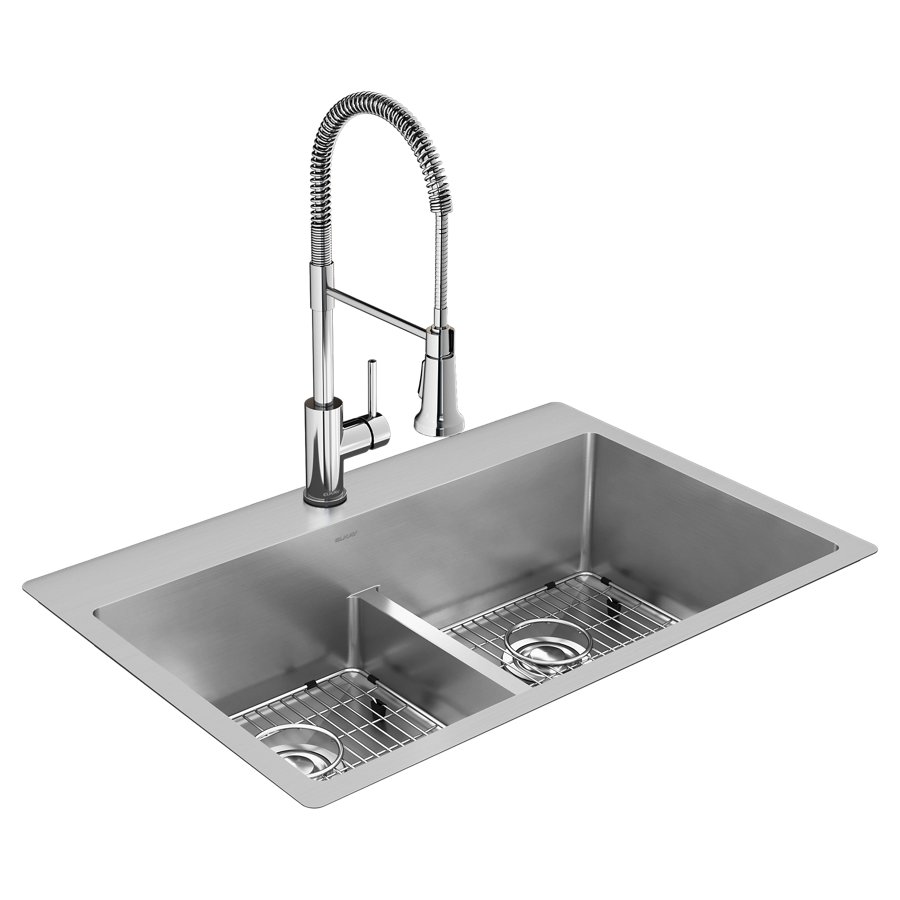 Crosstown® 18 Gauge Stainless Steel 33" x 22" x 9" 1-Hole Equal Double Bowl Dual Mount Sink Kit with Aqua Divide and Faucet
