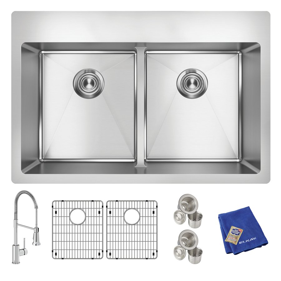 Crosstown® 18 Gauge Stainless Steel 33" x 22" x 9" 1-Hole Equal Double Bowl Dual Mount Sink Kit with Aqua Divide and Faucet