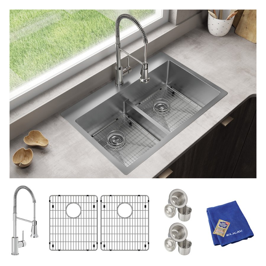Crosstown® 18 Gauge Stainless Steel 33" x 22" x 9" 1-Hole Equal Double Bowl Dual Mount Sink Kit with Aqua Divide and Faucet