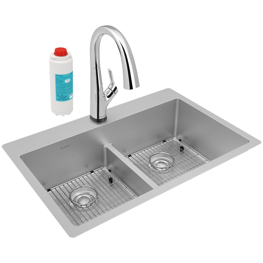 Crosstown® 18 Gauge Stainless Steel 33" x 22" x 9" Equal Double Bowl Dual Mount Sink Kit with Filtered Faucet with Aqua Divide