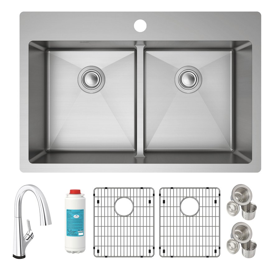 Crosstown® 18 Gauge Stainless Steel 33" x 22" x 9" Equal Double Bowl Dual Mount Sink Kit with Filtered Faucet with Aqua Divide