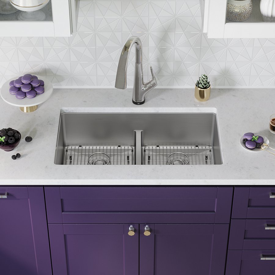 Crosstown® 18 Gauge Stainless Steel 33" x 22" x 9" Equal Double Bowl Dual Mount Sink Kit with Filtered Faucet with Aqua Divide
