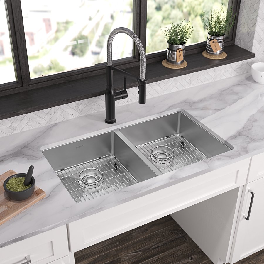 Crosstown® 18 Gauge Stainless Steel 33" x 22" x 6" Equal Double Bowl Dual Mount ADA Sink Kit
