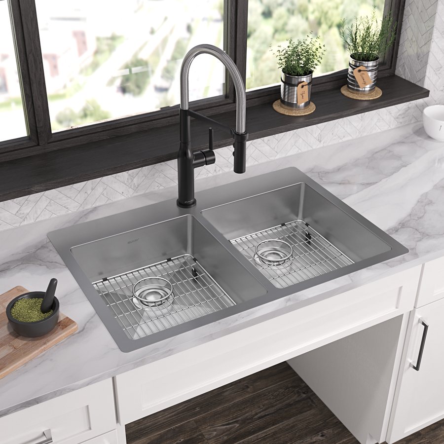 Crosstown® 18 Gauge Stainless Steel 33" x 22" x 6" Equal Double Bowl Dual Mount ADA Sink Kit