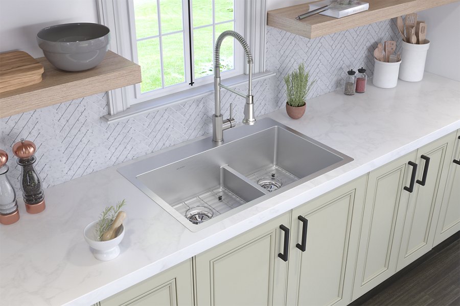 Ferguson Exclusive Crosstown® 33" x 22" x 9" Stainless Steel Double Bowl Dual Mount Sink Kit w/ Aqua Divide