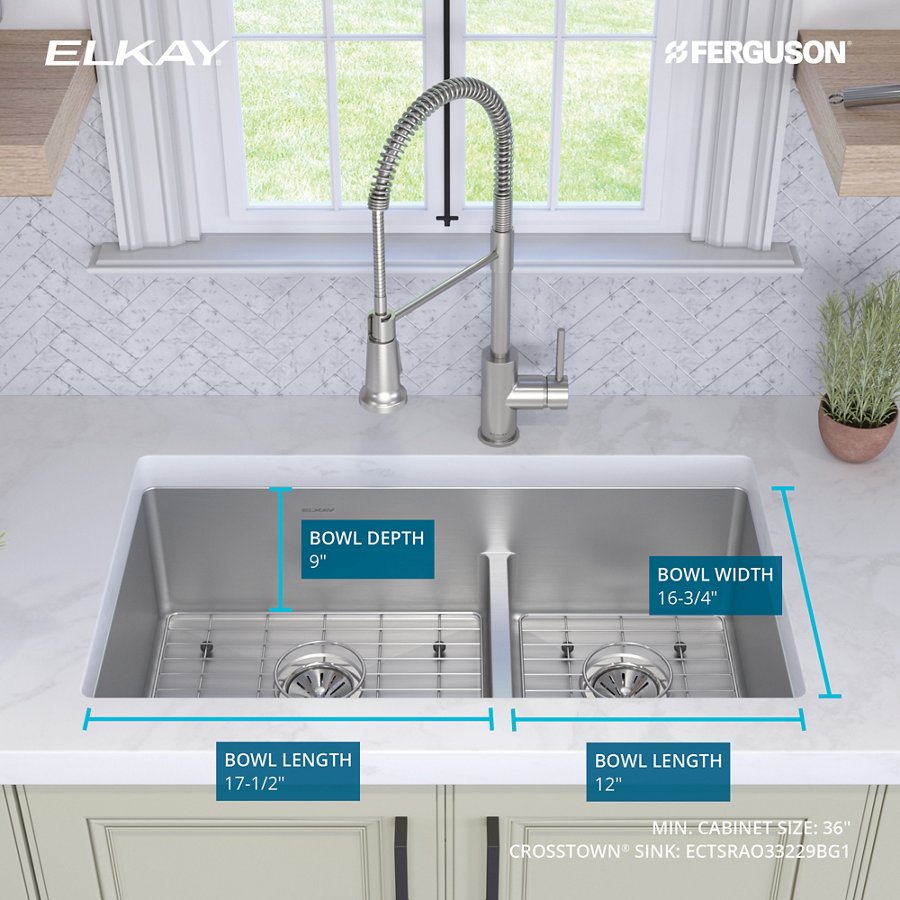 Ferguson Exclusive Crosstown® 33" x 22" x 9" Stainless Steel Double Bowl Dual Mount Sink Kit w/ Aqua Divide