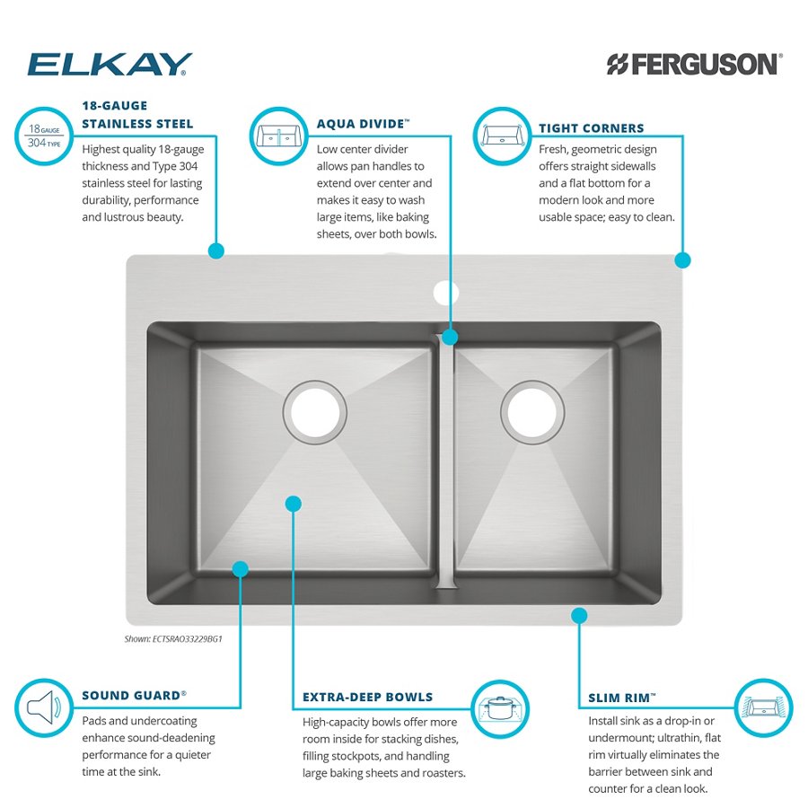 Ferguson Exclusive Crosstown® 33" x 22" x 9" Stainless Steel Double Bowl Dual Mount Sink Kit w/ Aqua Divide