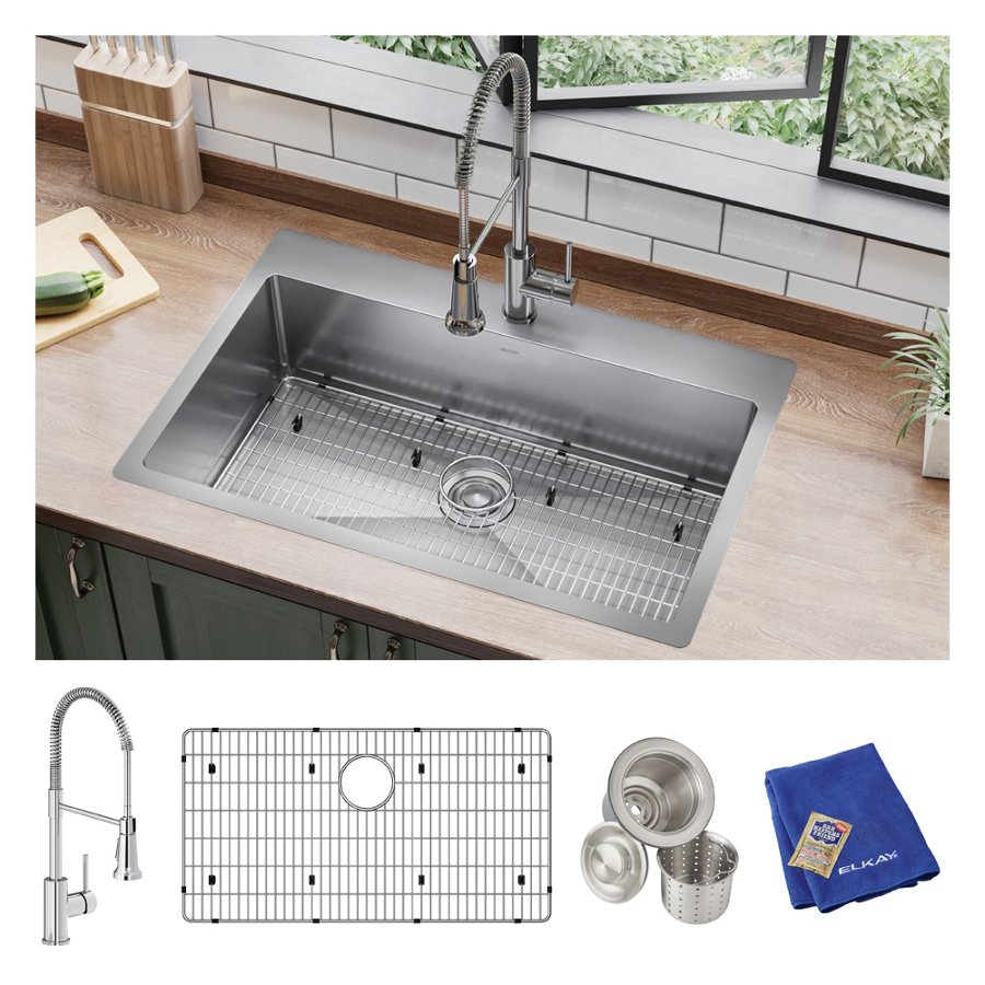 Crosstown® 18 Gauge Stainless Steel 33" x 22" x 9" 1-Hole Single Bowl Dual Mount Sink Kit with Faucet
