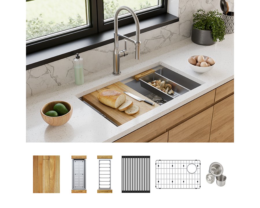 Crosstown® 16 Gauge Workstation Stainless Steel, 31-1/2" x 18-1/2" x 9" Single Bowl Undermount Sink Kit
