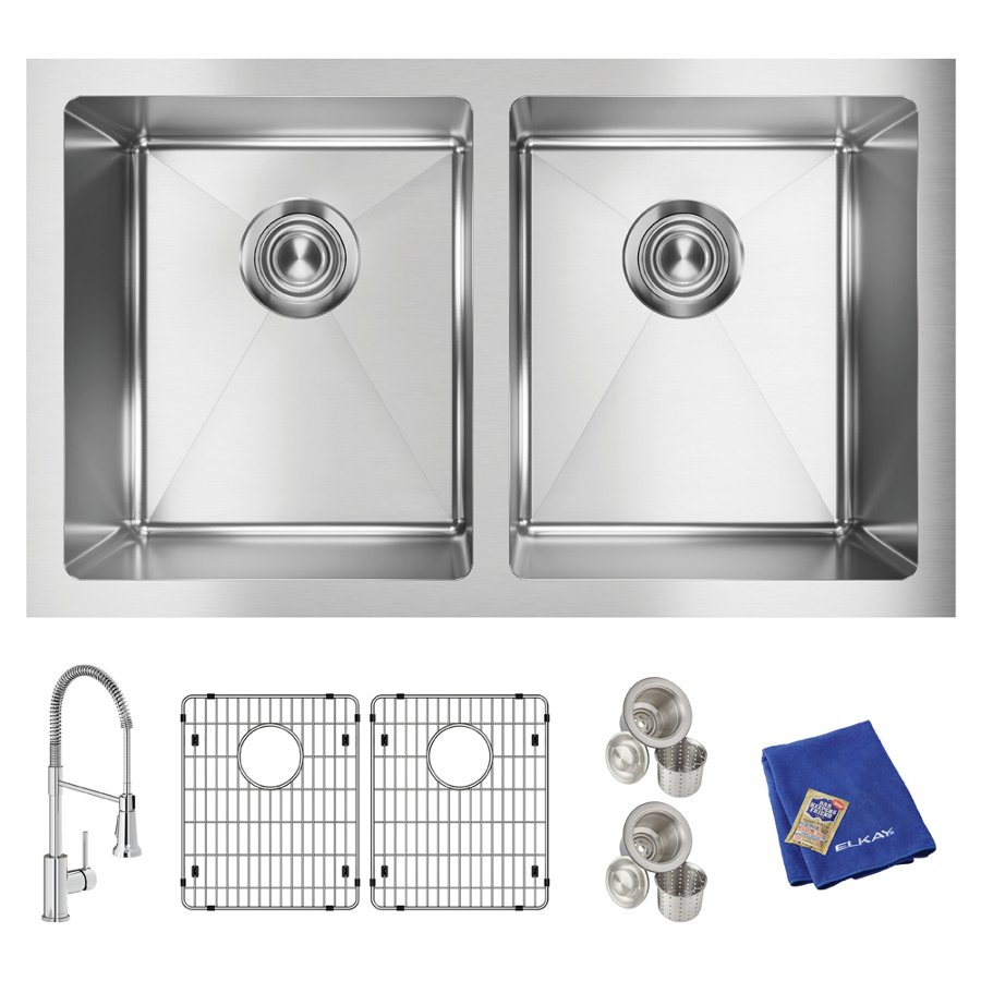 Crosstown® 16 Gauge Stainless Steel 30-3/4" x 18-1/2" x 10" Equal Double Bowl Undermount Sink Kit with Faucet