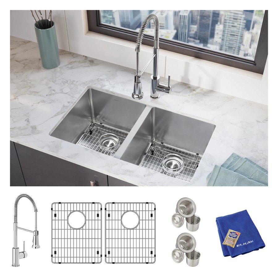 Crosstown® 16 Gauge Stainless Steel 30-3/4" x 18-1/2" x 10" Equal Double Bowl Undermount Sink Kit with Faucet