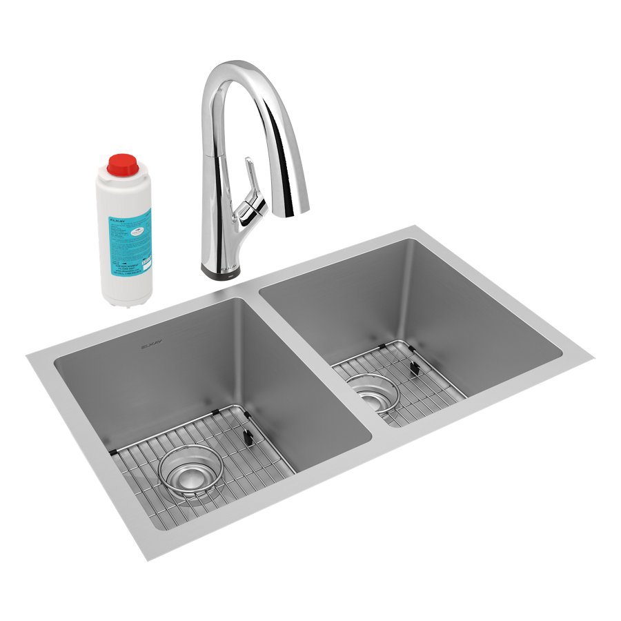 Crosstown® 16 Gauge Stainless Steel 30-3/4" x 18-1/2" x 10" Equal Double Bowl Undermount Sink Kit with Filtered Faucet
