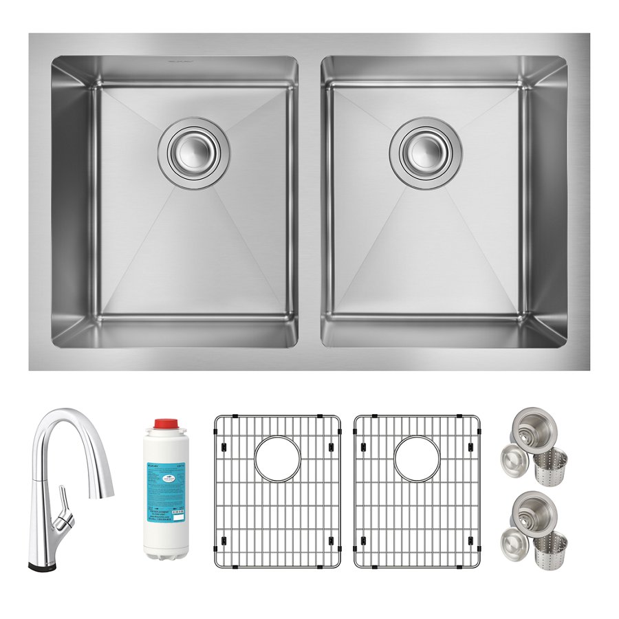 Crosstown® 16 Gauge Stainless Steel 30-3/4" x 18-1/2" x 10" Equal Double Bowl Undermount Sink Kit with Filtered Faucet