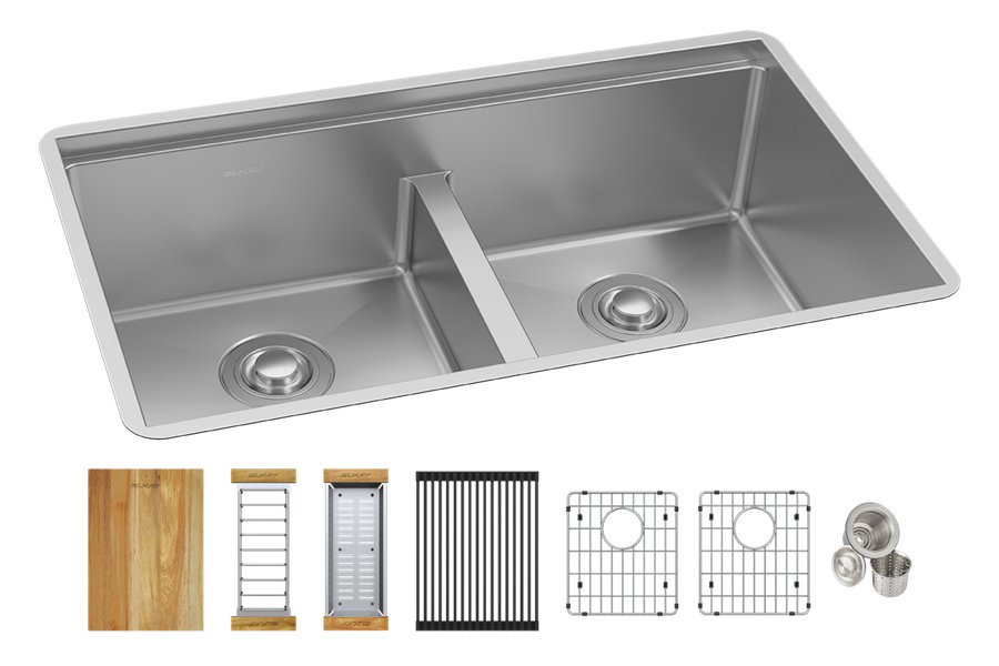 Crosstown® 16 Gauge Workstation Stainless Steel 31-1/2" x 18-1/2" x 9" Equal Double Bowl Sink Kit with Aqua Divide