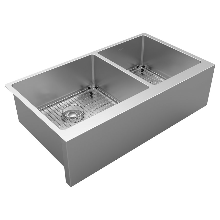 Crosstown® 16 Gauge Stainless Steel 35-7/8" x 20-1/4" x 9" Double Bowl Tall Farmhouse Sink Kit