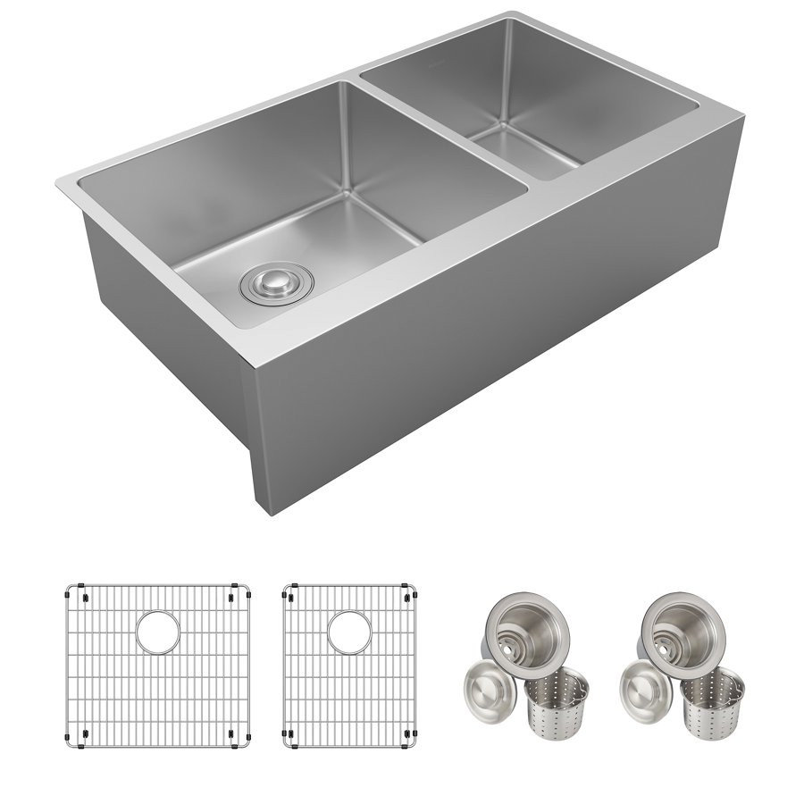 Crosstown® 16 Gauge Stainless Steel 35-7/8" x 20-1/4" x 9" Double Bowl Tall Farmhouse Sink Kit