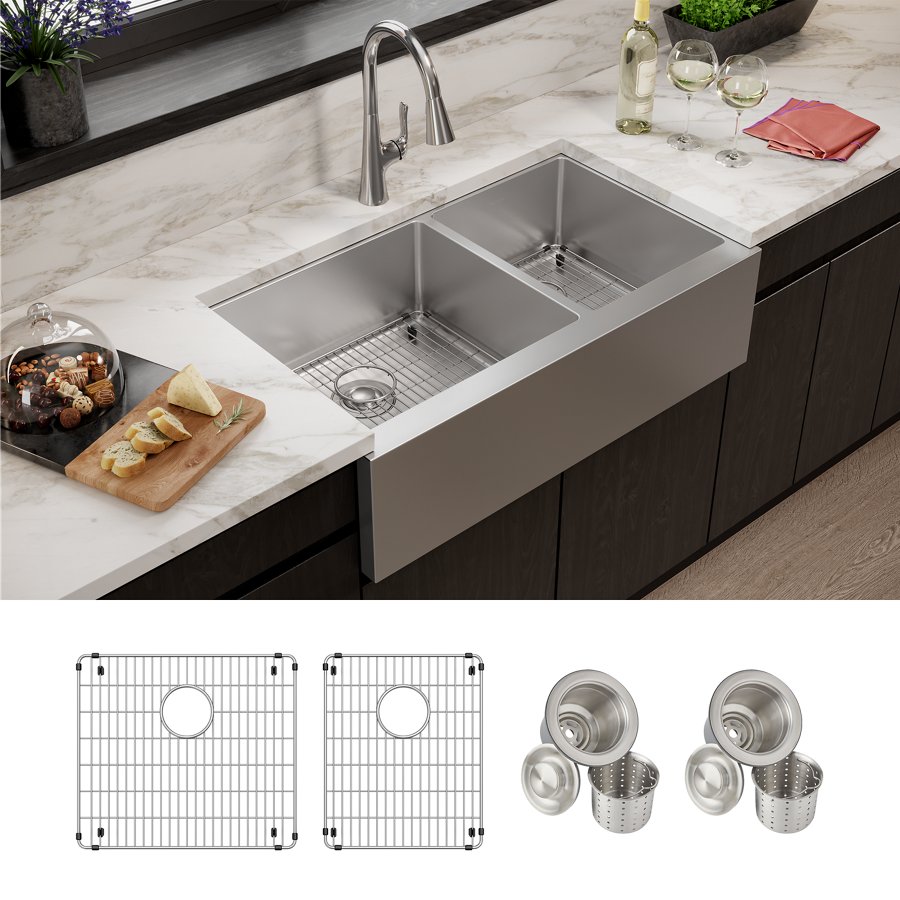 Crosstown® 16 Gauge Stainless Steel 35-7/8" x 20-1/4" x 9" Double Bowl Tall Farmhouse Sink Kit