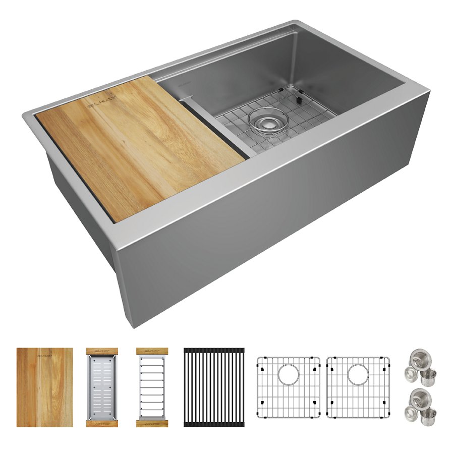 Crosstown® 16 Gauge Workstation Stainless Steel 34-7/8" x 20-1/4" x 9-7/16" Equal Double Bowl Farmhouse Sink Kit with Aqua Divide™