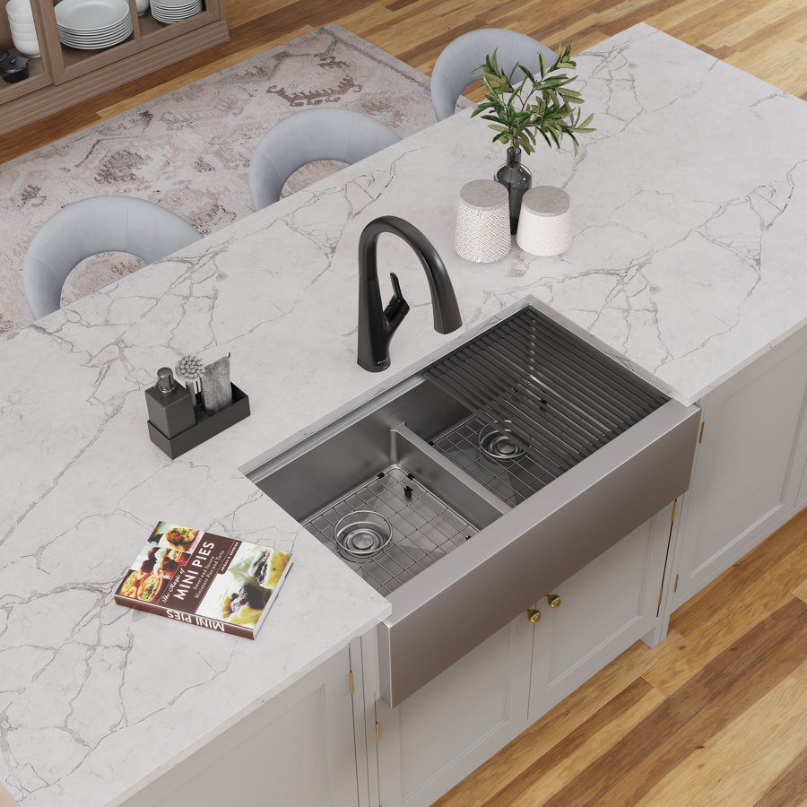 Crosstown® 16 Gauge Workstation Stainless Steel 34-7/8" x 20-1/4" x 9-7/16" Equal Double Bowl Farmhouse Sink Kit with Aqua Divide™