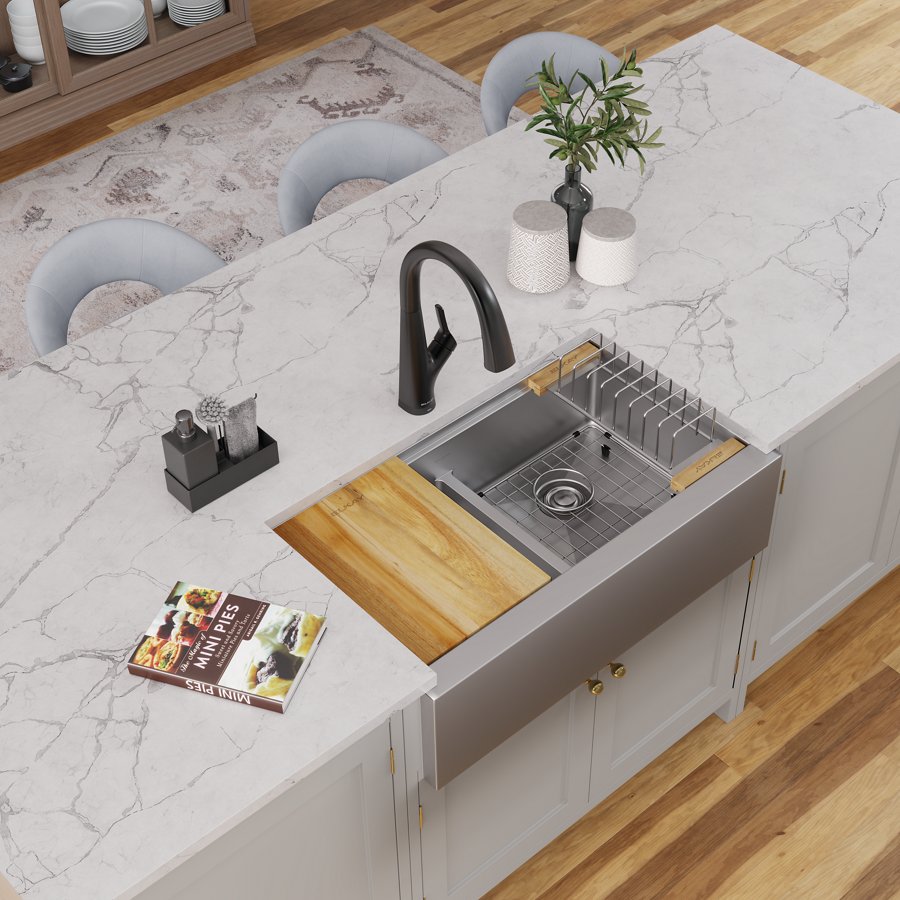 Crosstown® 16 Gauge Workstation Stainless Steel 34-7/8" x 20-1/4" x 9-7/16" Equal Double Bowl Farmhouse Sink Kit with Aqua Divide™