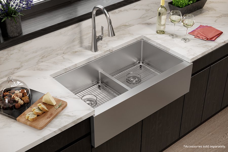 Crosstown® 16 Gauge Stainless Steel 35-7/8" x 20-1/4" x 9" Equal Double Bowl Tall Farmhouse Sink with Aqua Divide