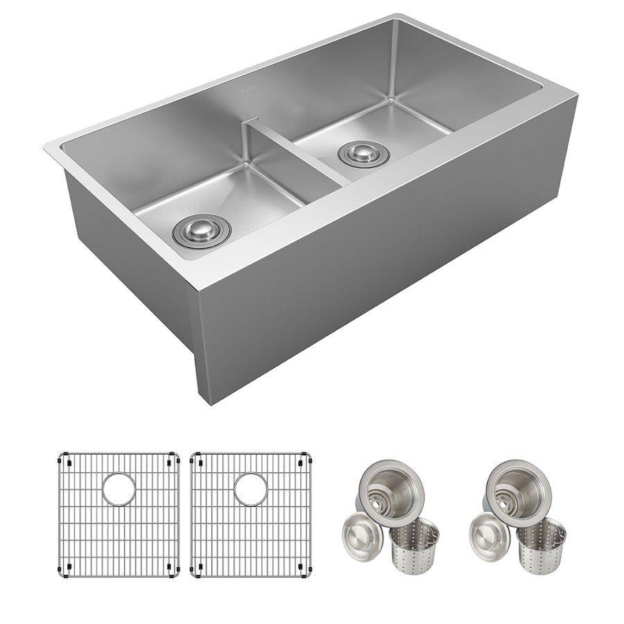 Crosstown® 16 Gauge Stainless Steel 35-7/8" x 20-1/4" x 9" Equal Double Bowl Tall Farmhouse Sink Kit with Aqua Divide