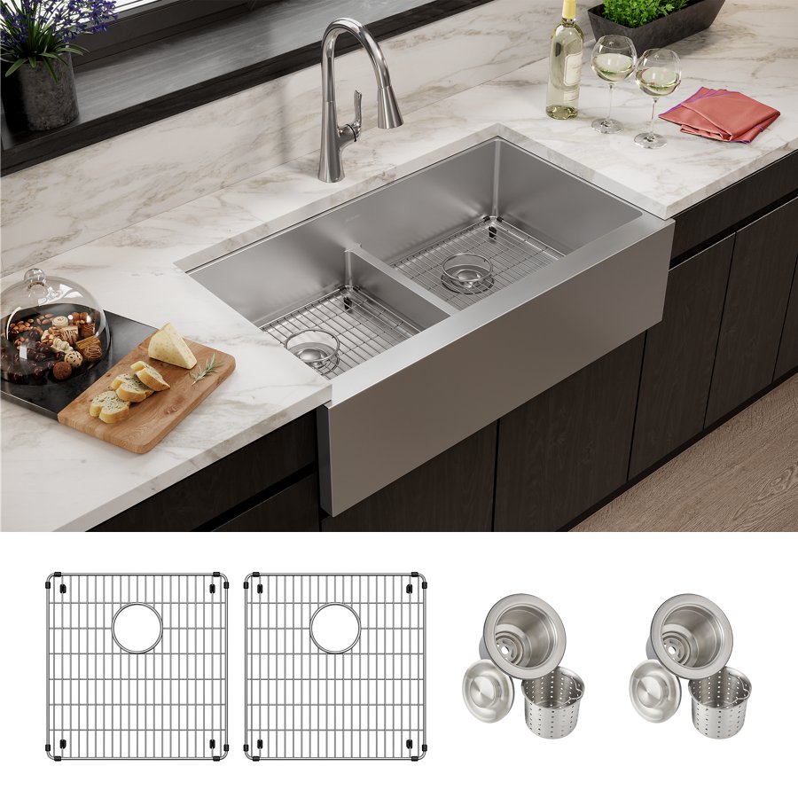 Crosstown® 16 Gauge Stainless Steel 35-7/8" x 20-1/4" x 9" Equal Double Bowl Tall Farmhouse Sink Kit with Aqua Divide