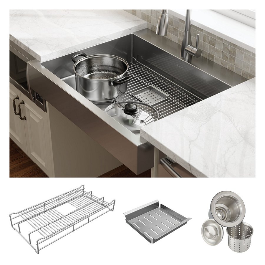 Dart Canyon® Stainless Steel 32-7/8" x 27-1/4" x 9-5/8" 1-Hole Single Bowl Farmhouse Workstation Sink with 4-13/16" Deep Work Shelf
