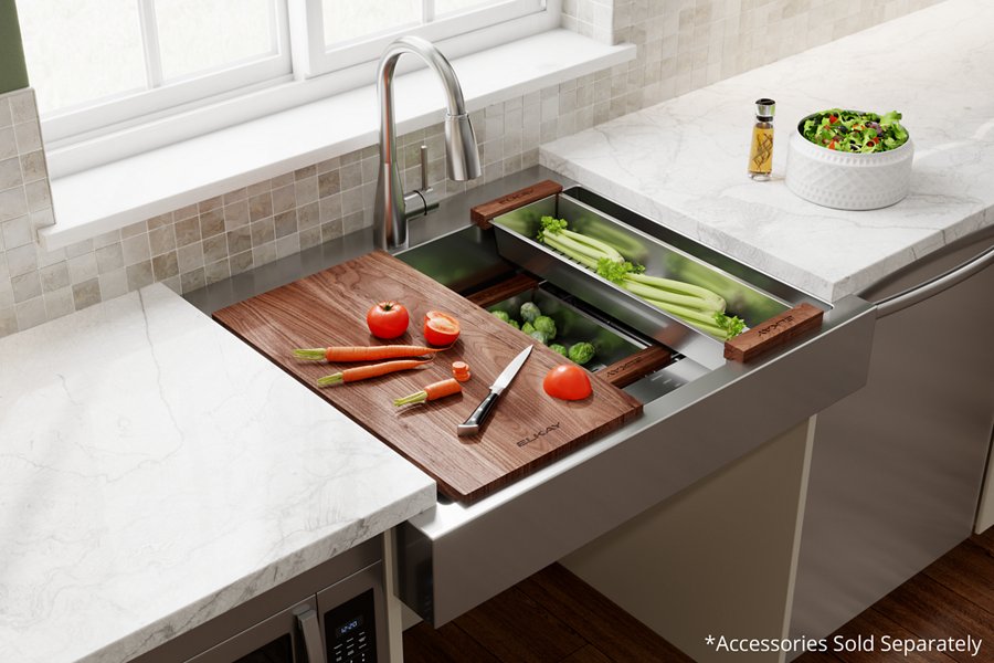Dart Canyon® Stainless Steel 32-7/8" x 27-1/4" x 9-5/8" 1-Hole Single Bowl Farmhouse Workstation Sink with 4-13/16" Deep Work Shelf